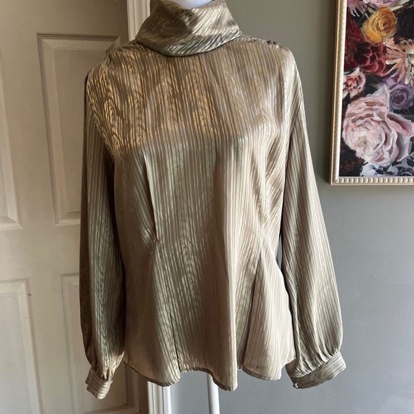 Vintage Gold Metallic Blouse Long Sleeve Cowl Neck Top Party Sparkly - Picture 1 of 14